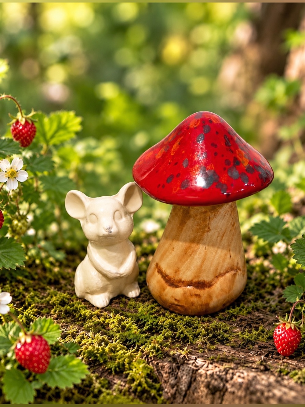 Whimsical Vtg Ceramic Mushroom & Mouse Figurine Pair Cottagecore Woodland Decor